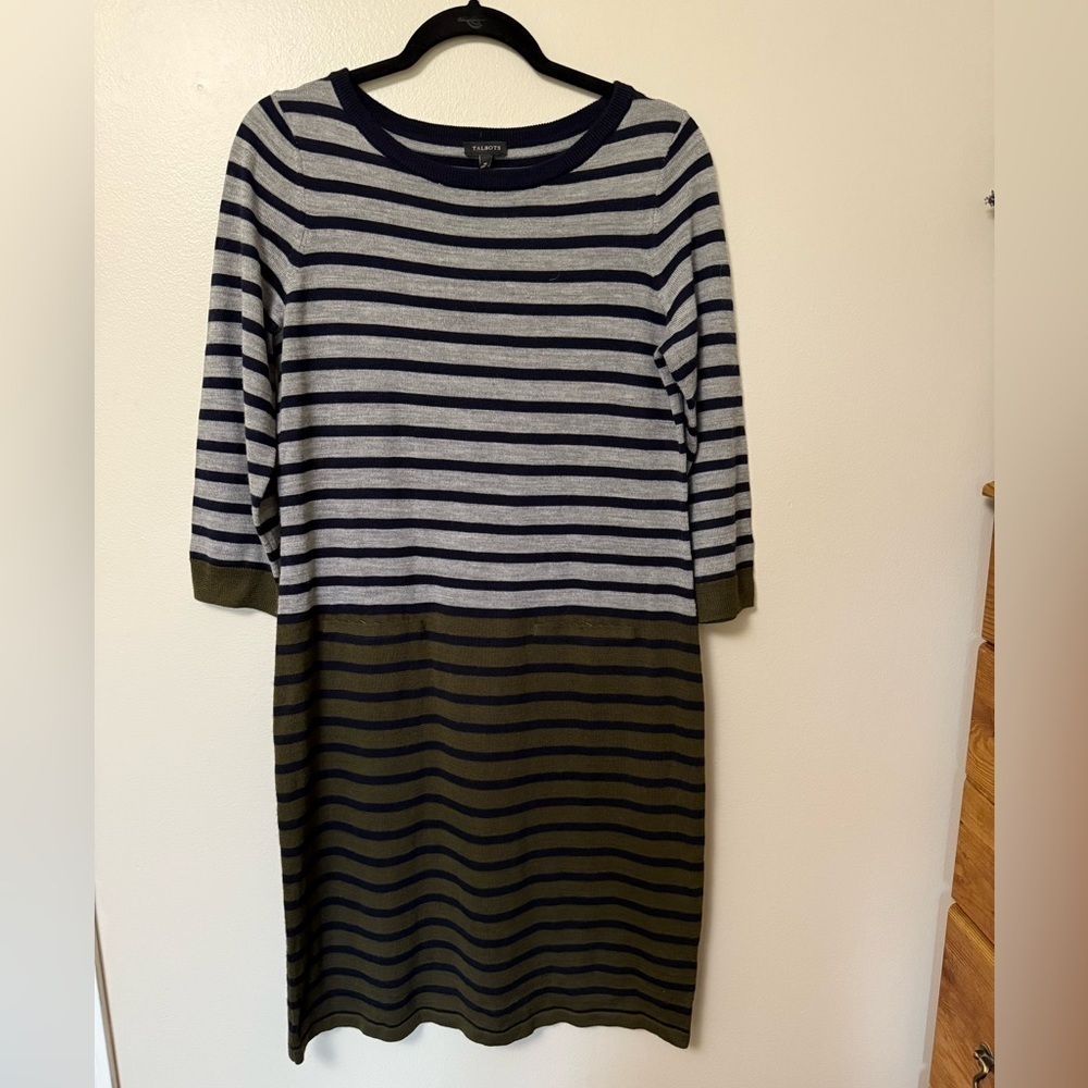 Talbots New without tags nautical casual wool blend Striped Gray and Olive dress